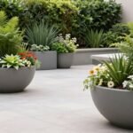 Large outdoor planters arranged on a spacious patio with lush greenery creating a beautiful outdoor living space