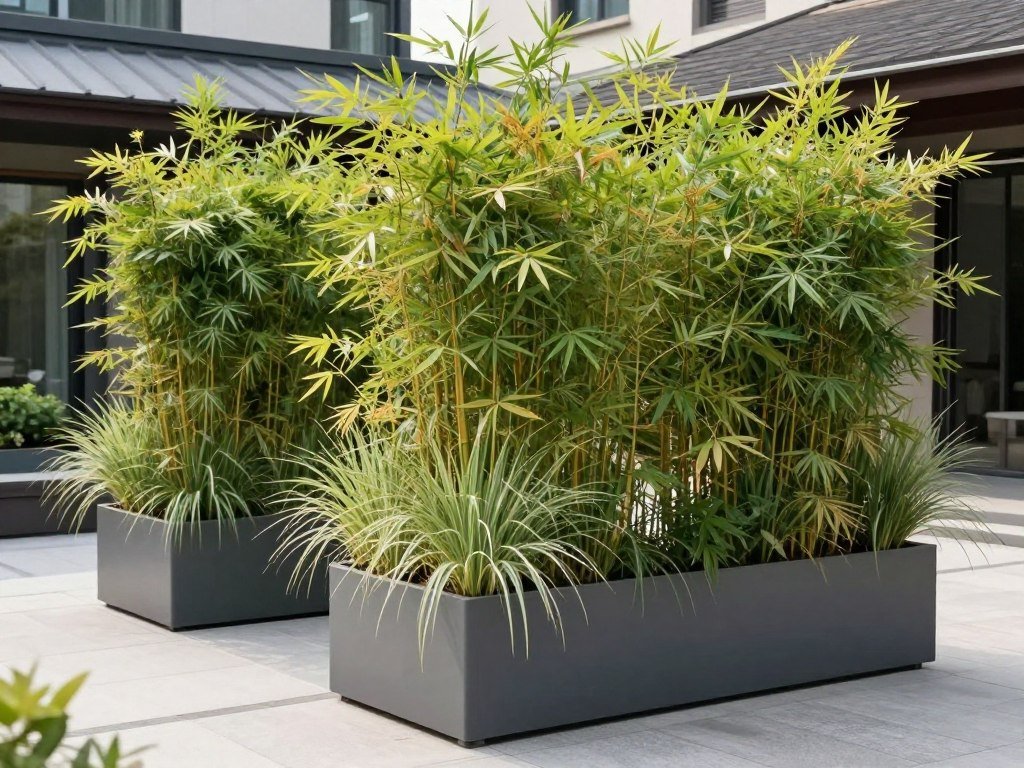 Large outdoor planters creating outdoor rooms and privacy screens