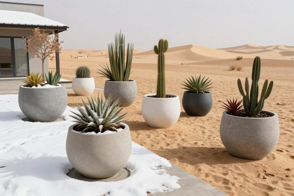Large outdoor planters in different climate settings showing weather resistance
