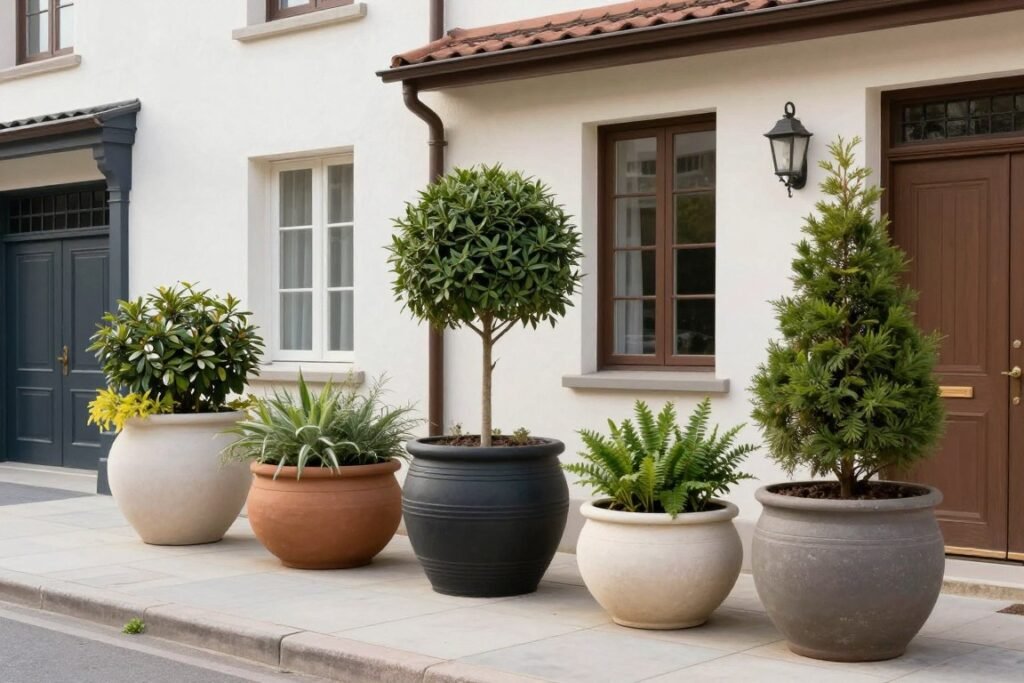 Large outdoor planters in different styles showing design compatibility with architecture