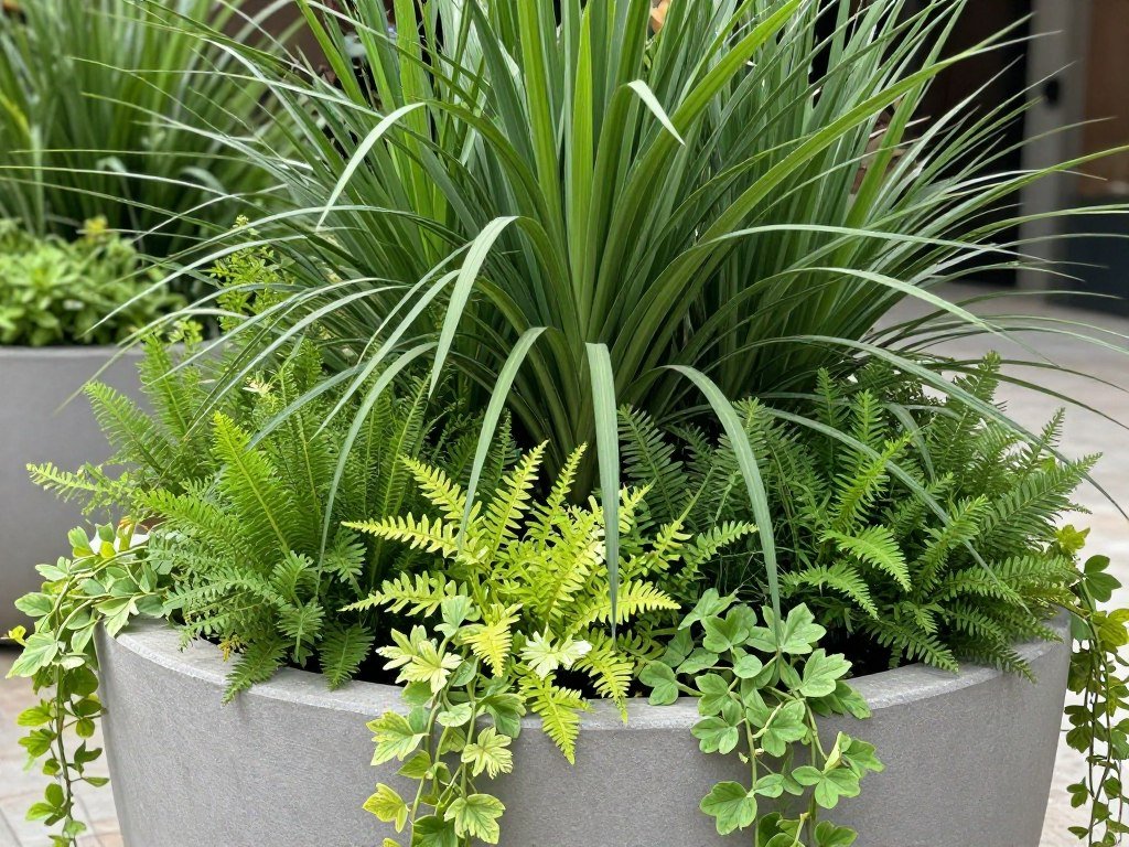 Large outdoor planters with layered planting design showing thriller, filler, spiller concept
