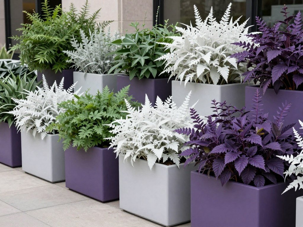 Large outdoor planters with monochromatic color scheme creating elegant display