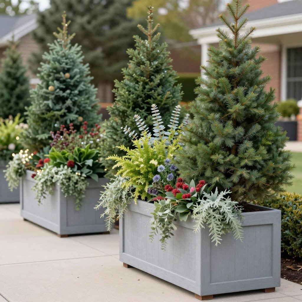 Large outdoor planters with seasonal decorations showing year-round versatility