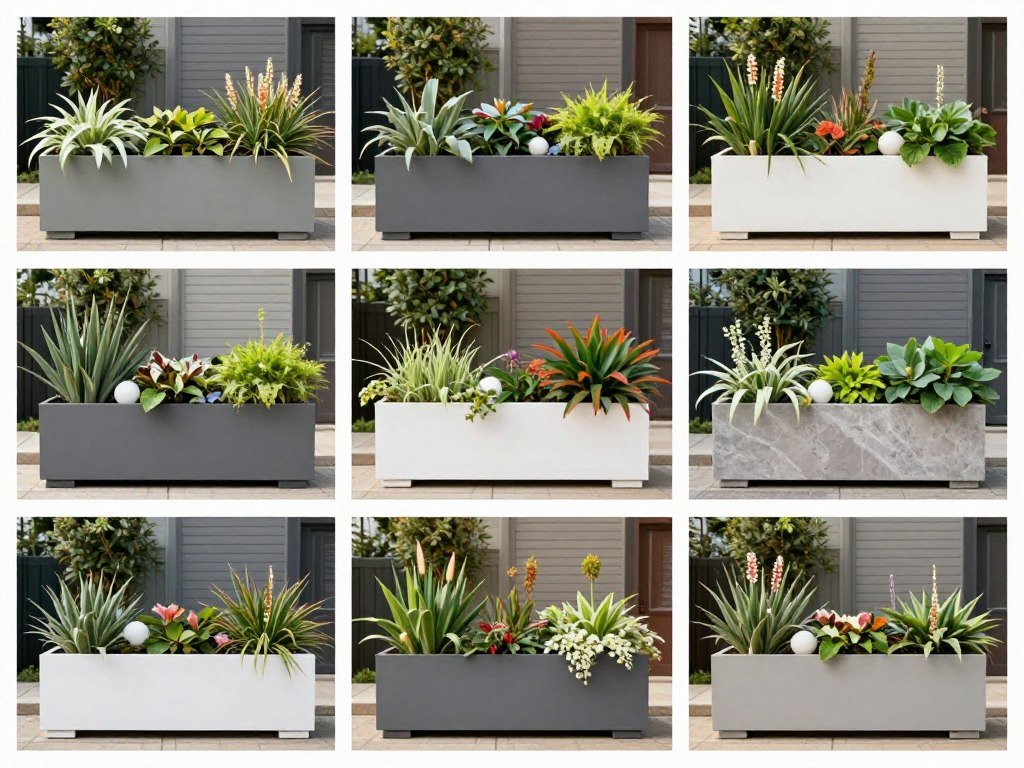 Large outdoor planters with year-round interest showing seasonal adaptability