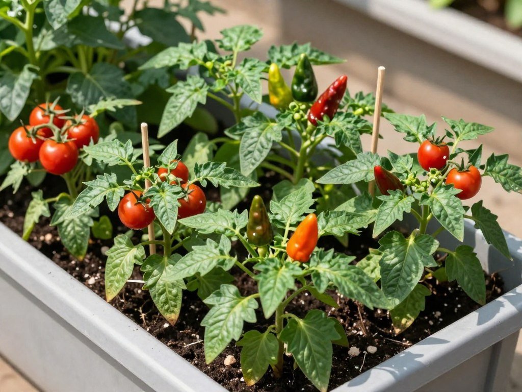 Large planter box with dwarf tomato and pepper plants bearing fruit Large planter box with dwarf tomato and pepper plants bearing fruit