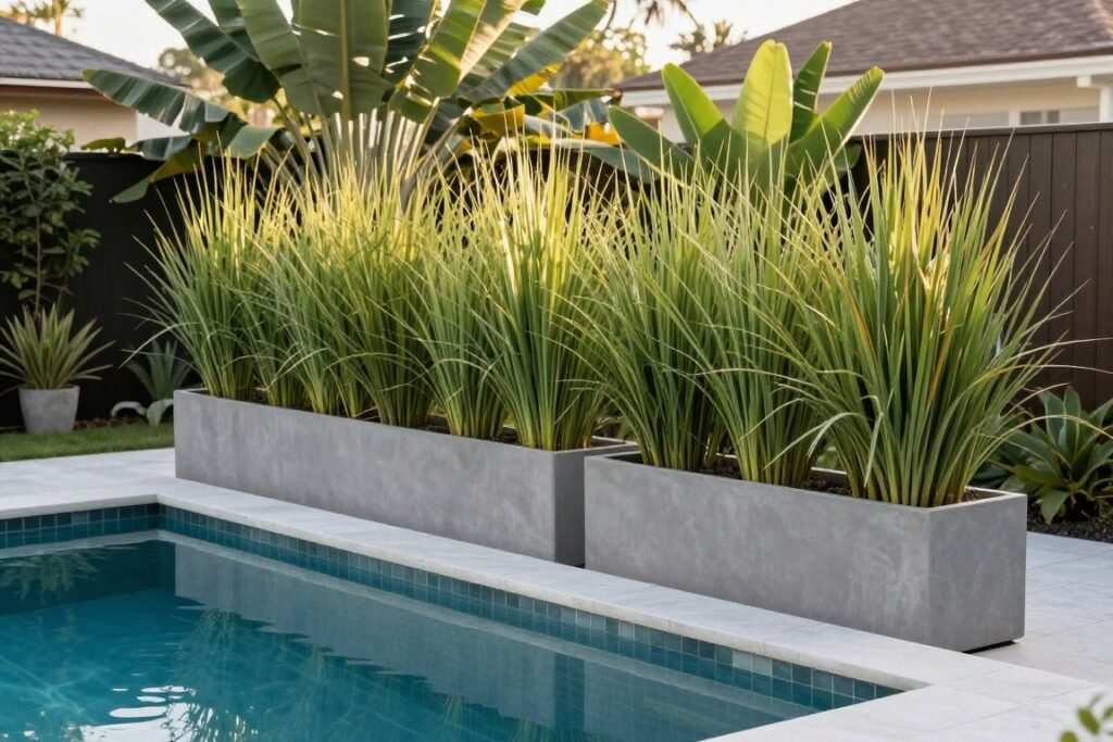 Large planters with tall ornamental grasses creating privacy around a rectangular pool