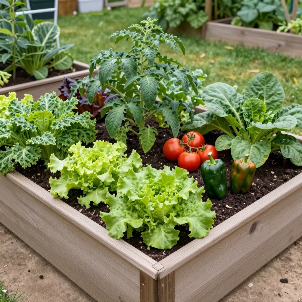 Large raised garden bed with vegetables growing Large raised garden bed with vegetables growing