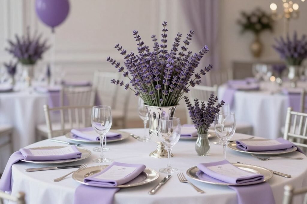 Lavender silver and white bridal shower color scheme decorations