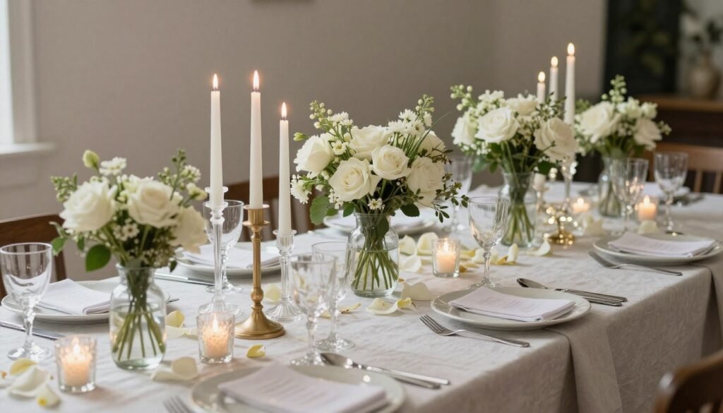 Layered bridal shower table decorations with varying heights, textures, and elements