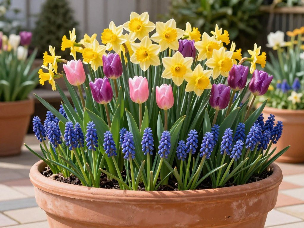 Layered bulb planter with daffodils, tulips and grape hyacinths blooming at different heights