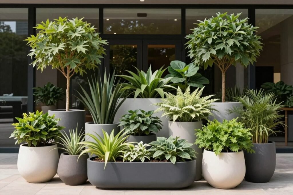 Layered grouping of varied planters creating depth and visual interest at a front entrance Layered grouping of varied planters creating depth and visual interest at a front entrance