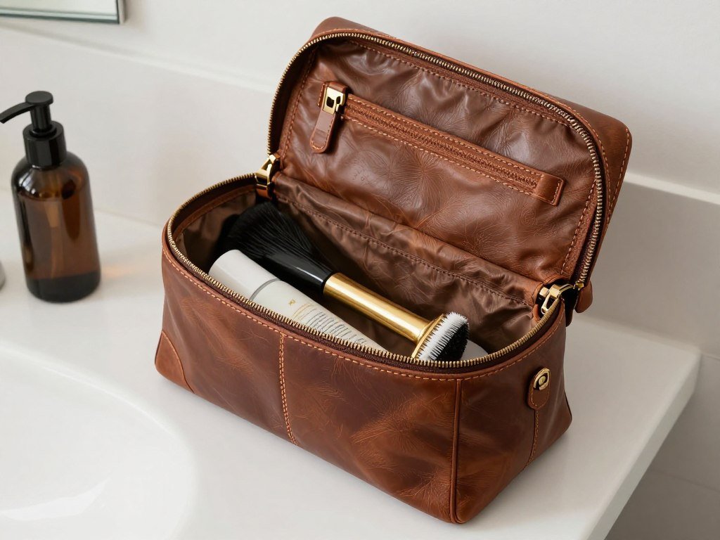 Leather dopp kit with grooming essentials for groomsmen