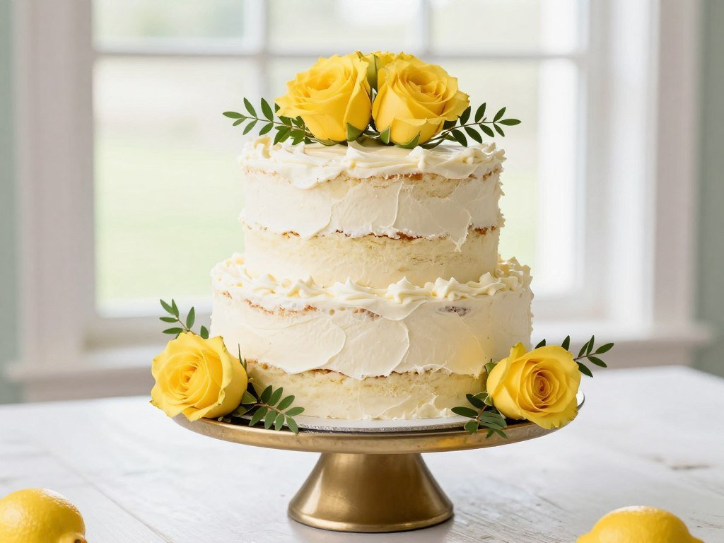 Lemon cake decorated with fresh flowers for Italian bridal shower