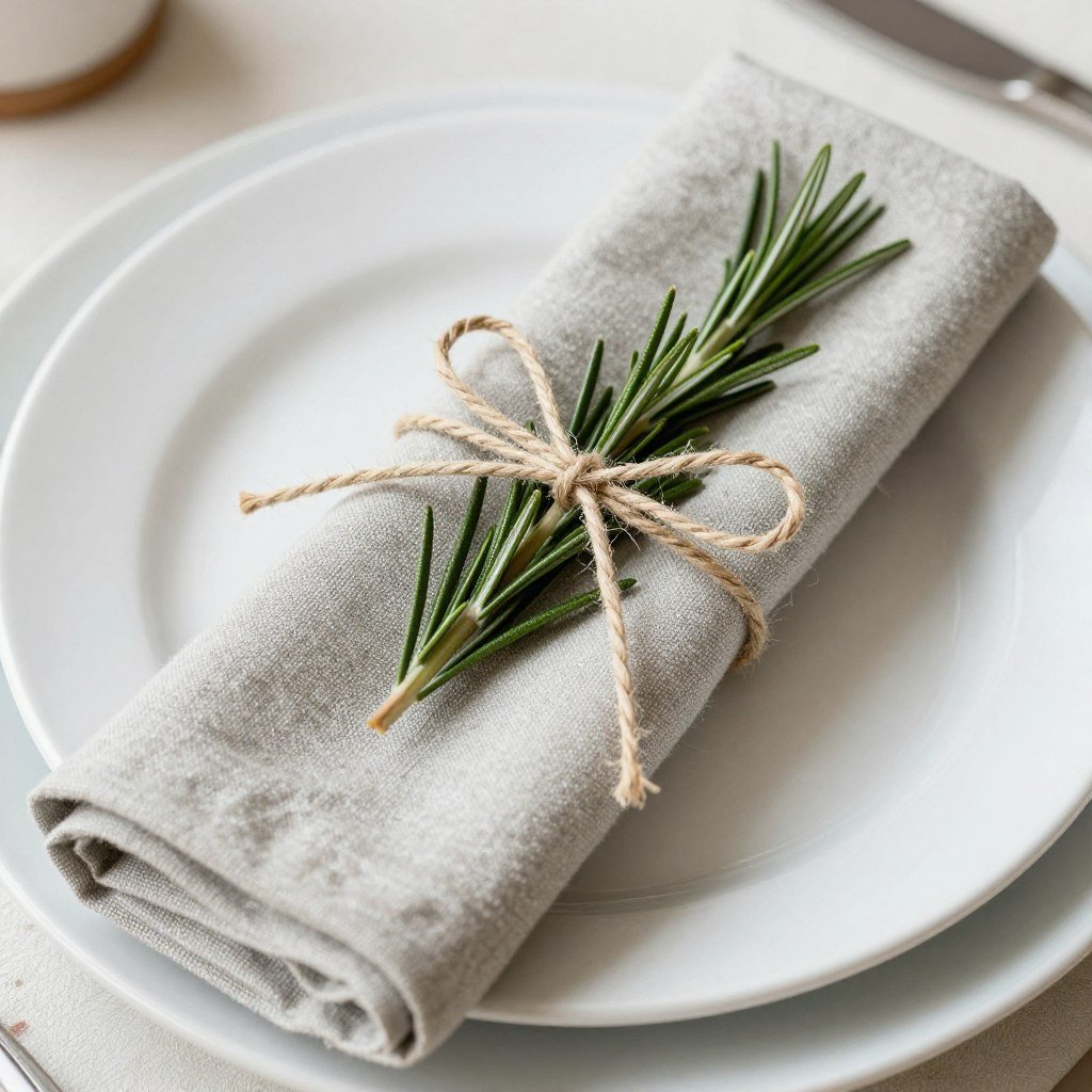 Linen napkins tied with twine and herb sprigs
