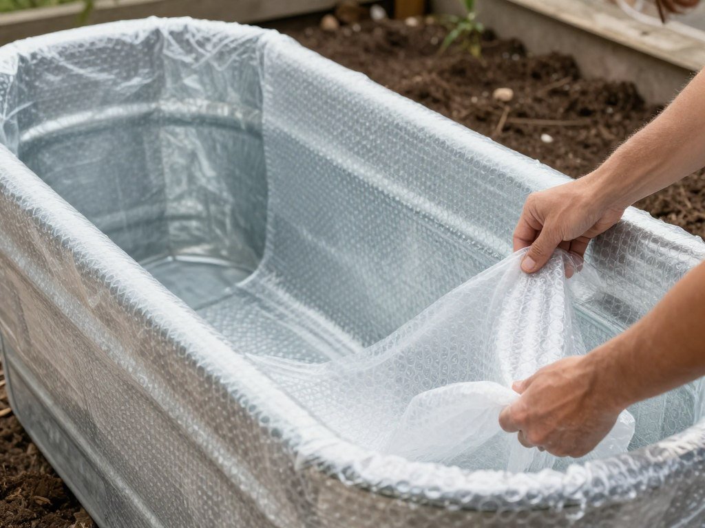 Lining a galvanized tub with bubble wrap for insulation