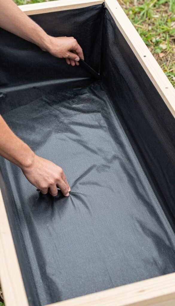 Lining the inside of the planter box with landscaping fabric
