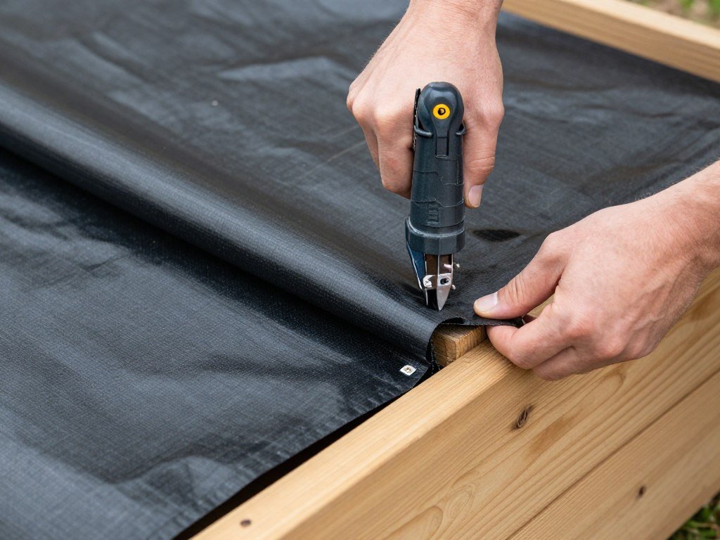 Lining the planter box with landscape fabric