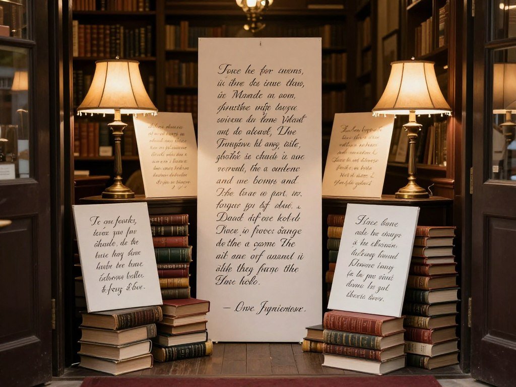 Literary-themed wedding entrance with vintage books and quotes Literary-themed wedding entrance with vintage books and quotes