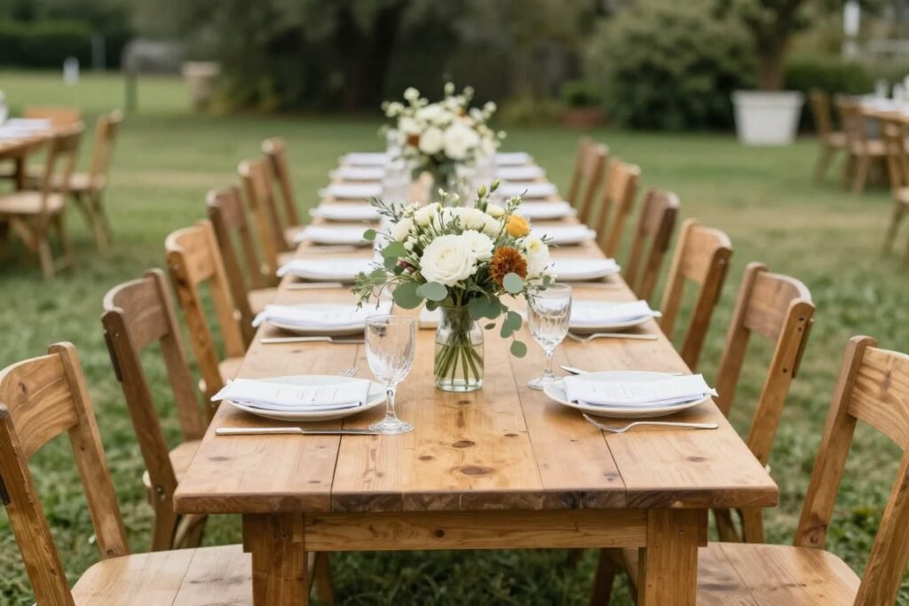 Long farmhouse tables at backyard wedding reception