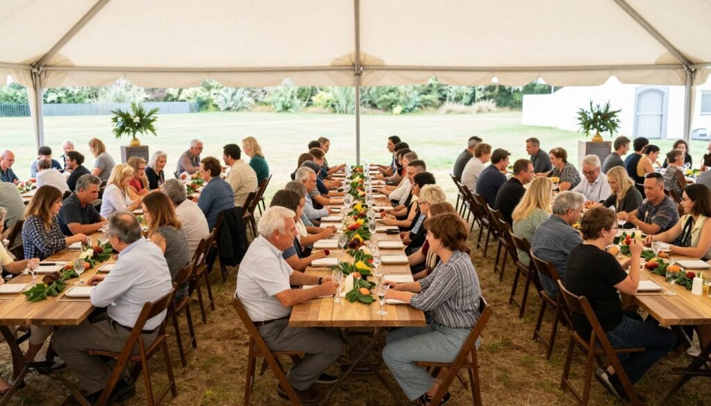 Long harvest tables creating a communal dining experience in a party tent