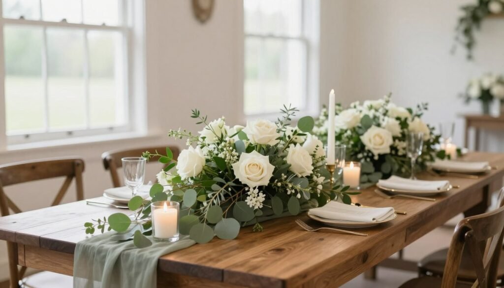 Long table with lush floral runner centerpiece for wedding reception Long table with lush floral runner centerpiece for wedding reception