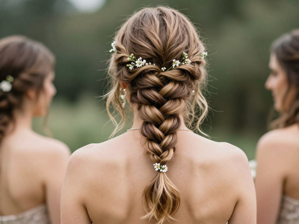 Loose fishtail braid bridesmaid hairstyle for bohemian wedding