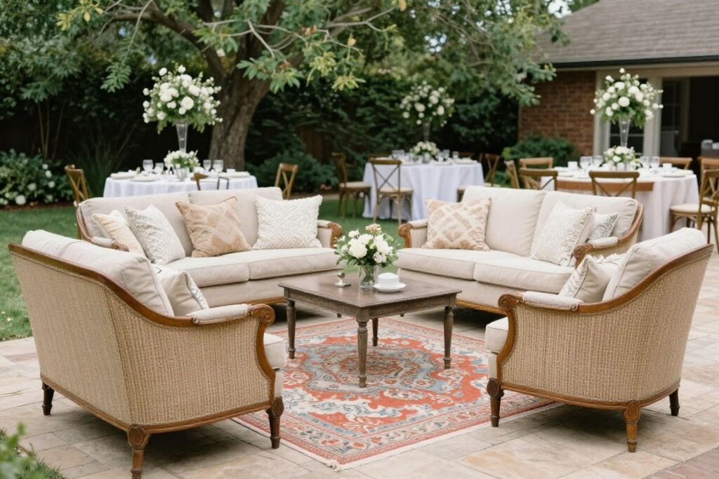 Lounge area with comfortable furniture at backyard wedding