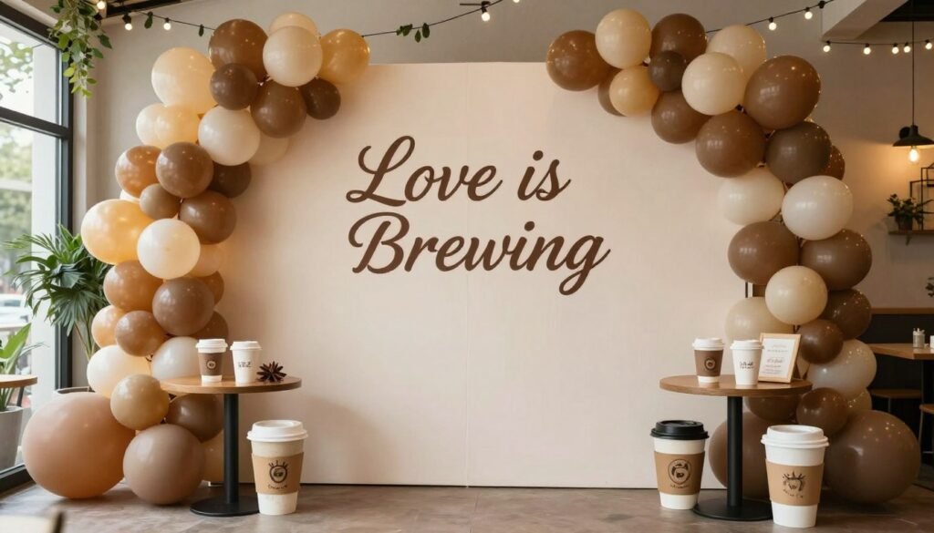 Love is brewing backdrop with balloon arch and banner for bridal shower photo area