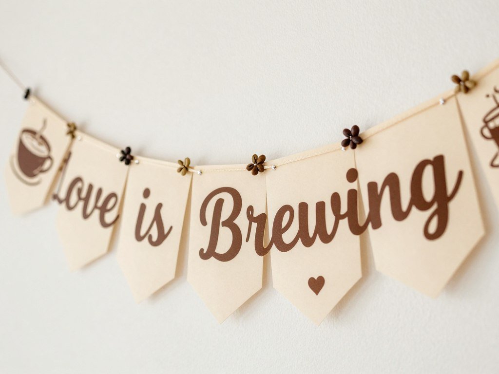 Love is brewing banner with coffee cup illustrations for bridal shower wall decor