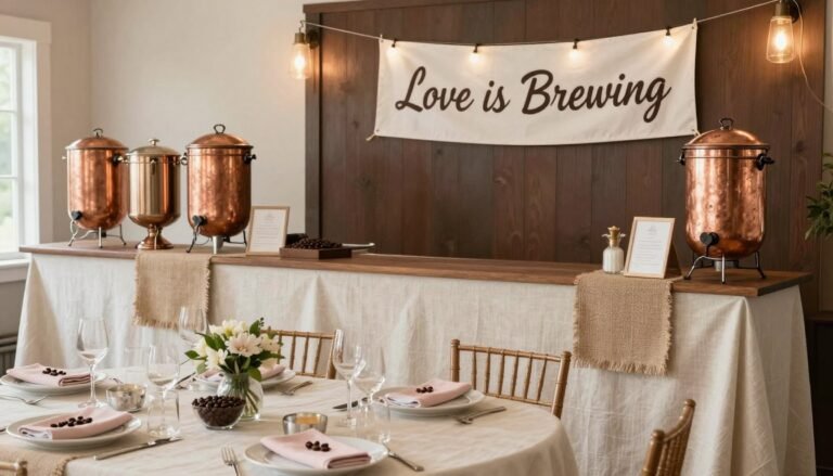 Love is brewing bridal shower setup with coffee bar, warm lighting, and elegant decorations