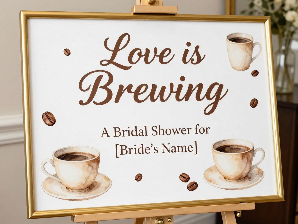 Love is brewing welcome sign with coffee cup illustrations and bride's name