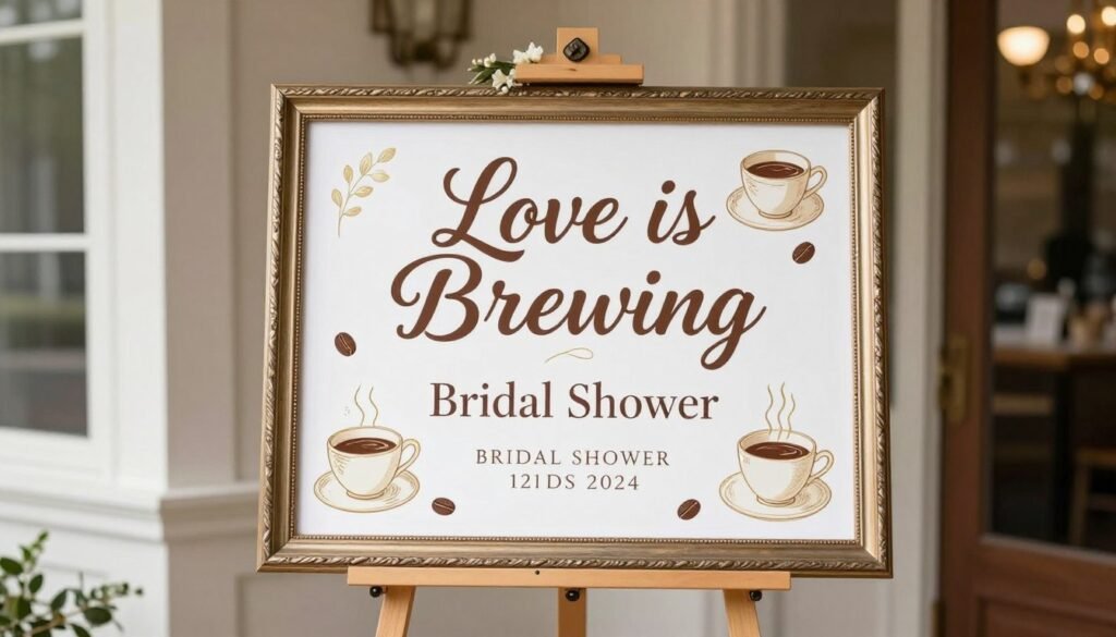 Love is brewing welcome sign with coffee illustrations for bridal shower entrance