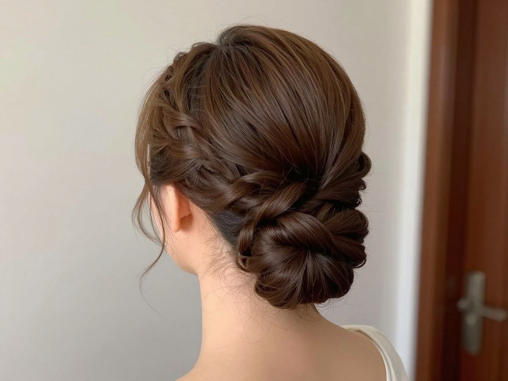 Low braided bun bridesmaid hairstyle for romantic classic wedding