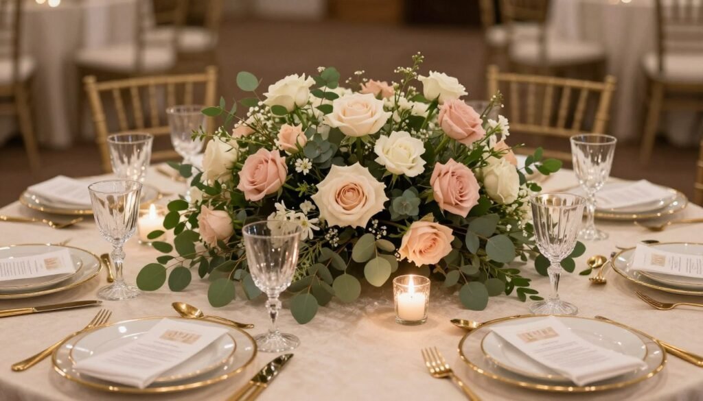 Low floral centerpiece with roses and greenery on round wedding table