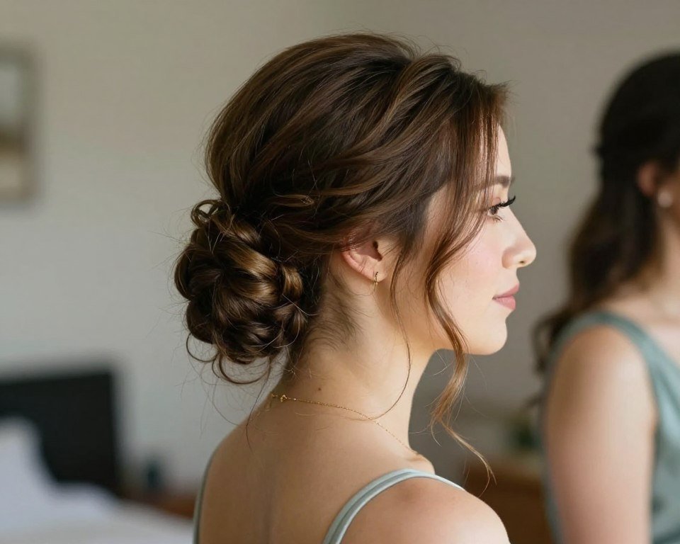 Low loose bun bridesmaid hairstyle with bohemian wisps Low loose bun bridesmaid hairstyle with bohemian wisps