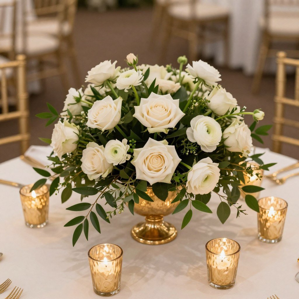 Low, lush floral centerpiece on a round wedding table with surrounding candles