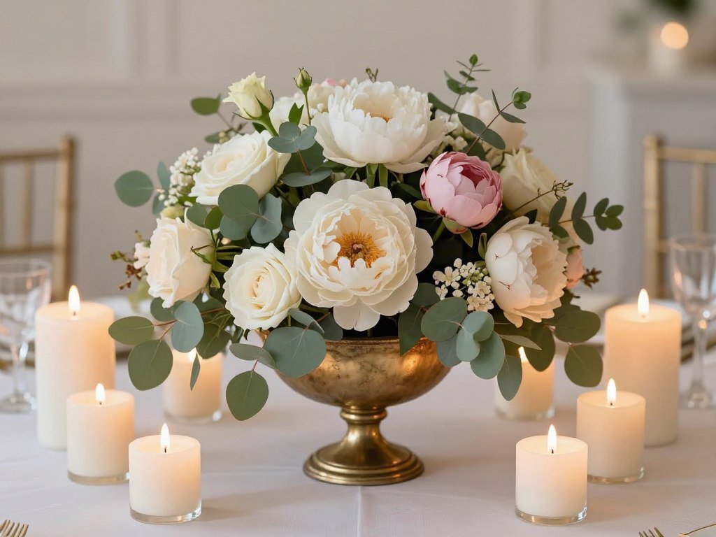 Low romantic wedding centerpiece with candles
