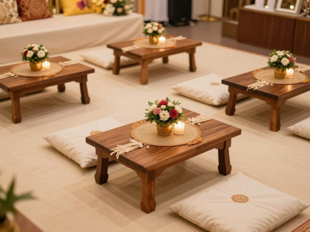 Low table settings with cushions for haldi ceremony