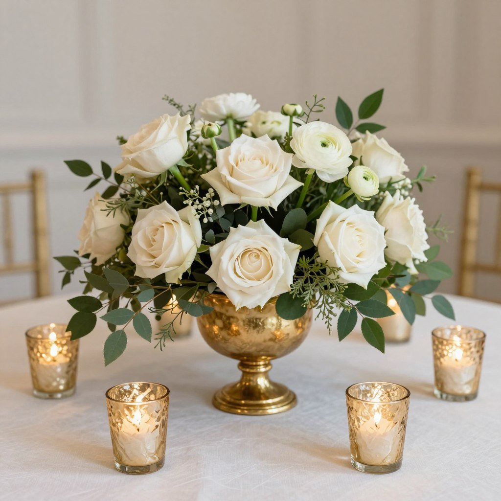 Low wedding centerpiece with garden roses, ranunculus, and greenery in a gold compote vase