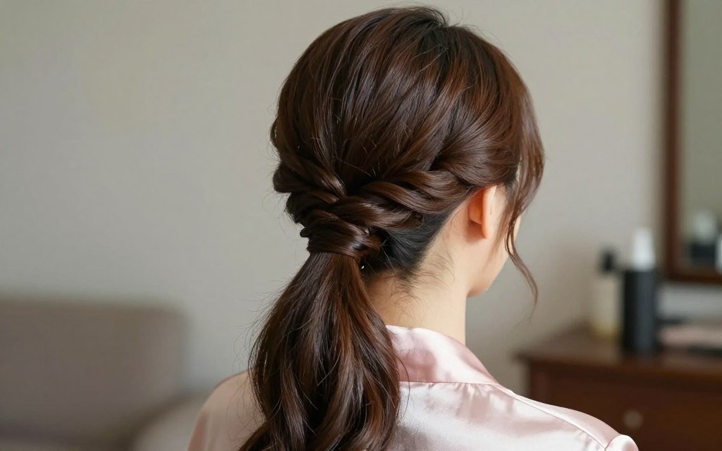 Low wrapped ponytail bridesmaid hairstyle with concealed elastic Low wrapped ponytail bridesmaid hairstyle with concealed elastic
