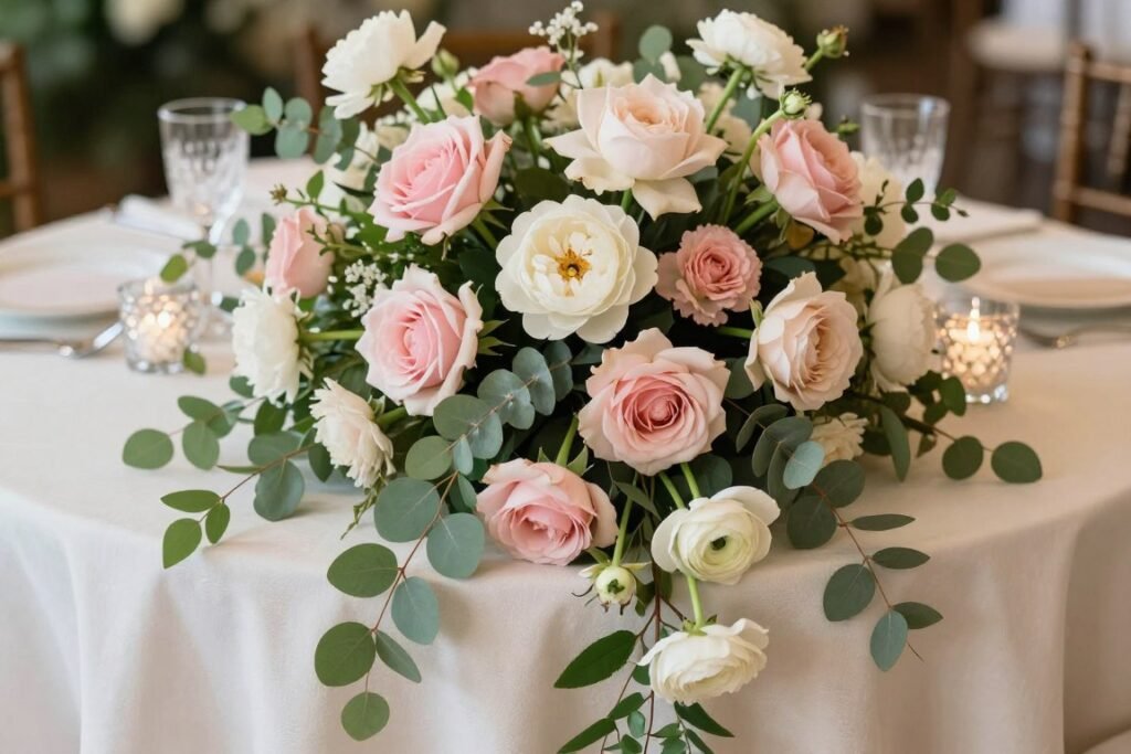 Lush cascading floral centerpiece with roses, peonies, and greenery on an elegant wedding table Lush cascading floral centerpiece with roses, peonies, and greenery on an elegant wedding table