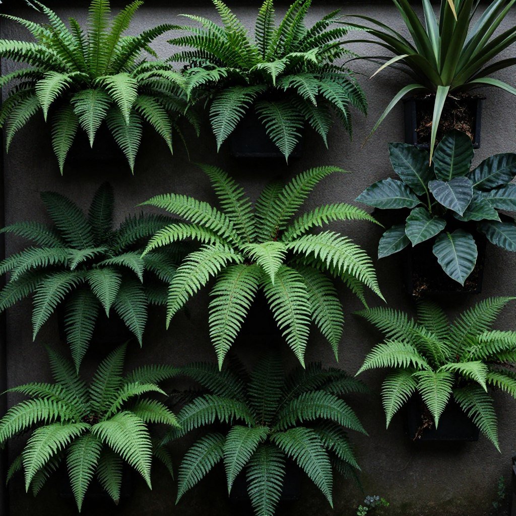 Lush ferns and shade-loving plants in wall planters on a shaded outdoor wall