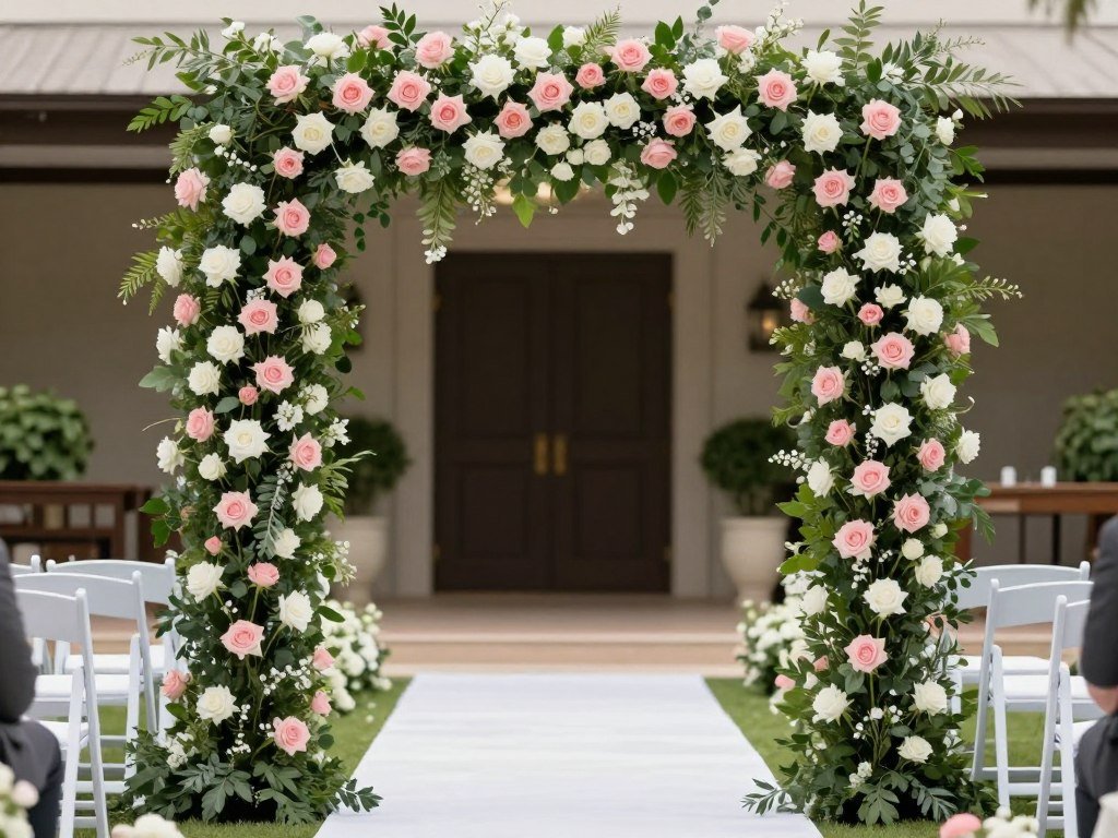 Lush floral arch decoration wedding with pink and white roses and greenery