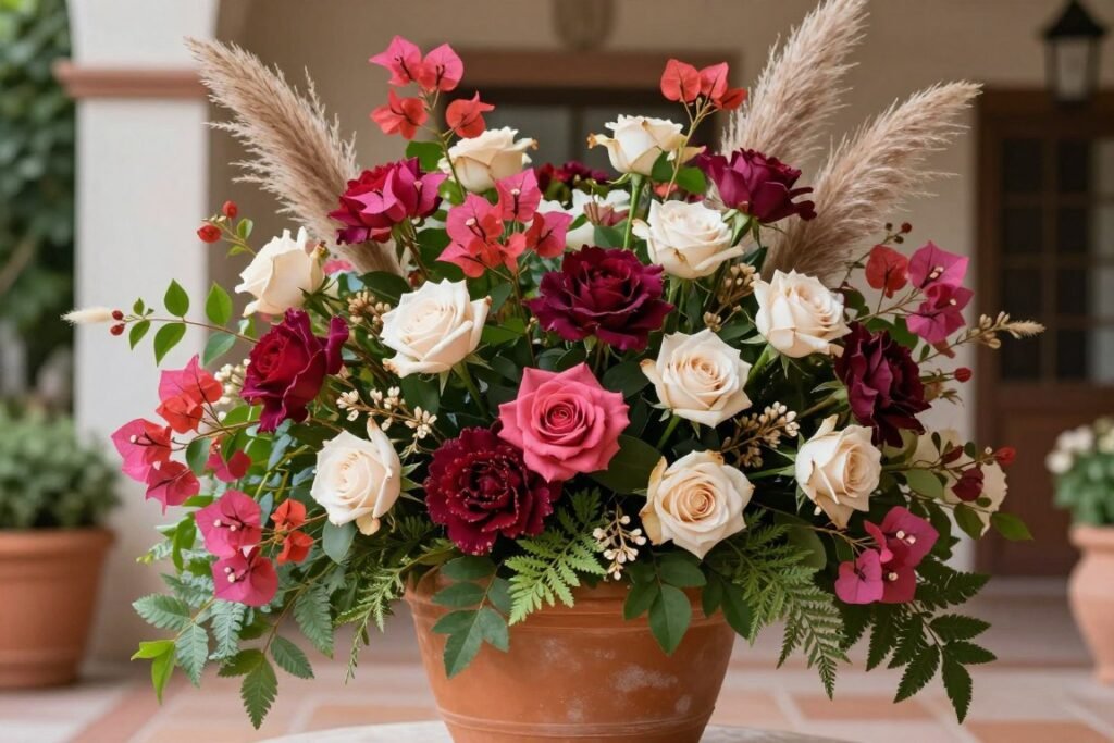 Lush floral arrangement with bougainvillea and roses in a terracotta container Lush floral arrangement with bougainvillea and roses in a terracotta container