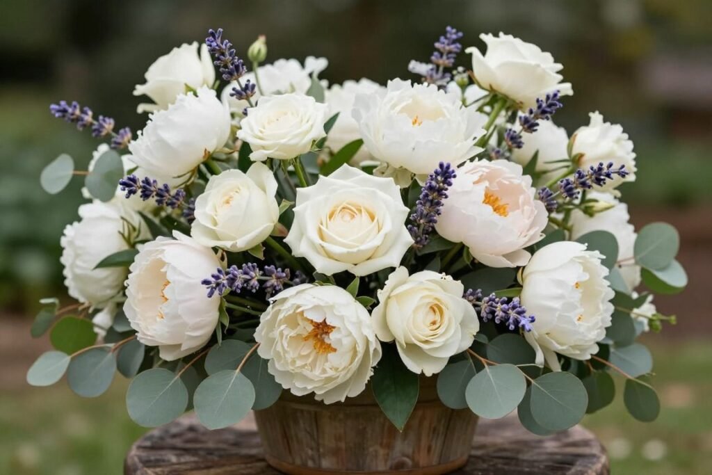 Lush floral arrangements with roses and greenery for garden wedding