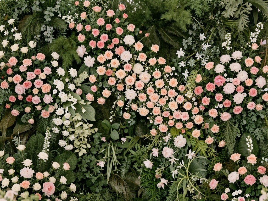 Lush floral backdrop decoration with mixed roses and greenery for a wedding ceremony