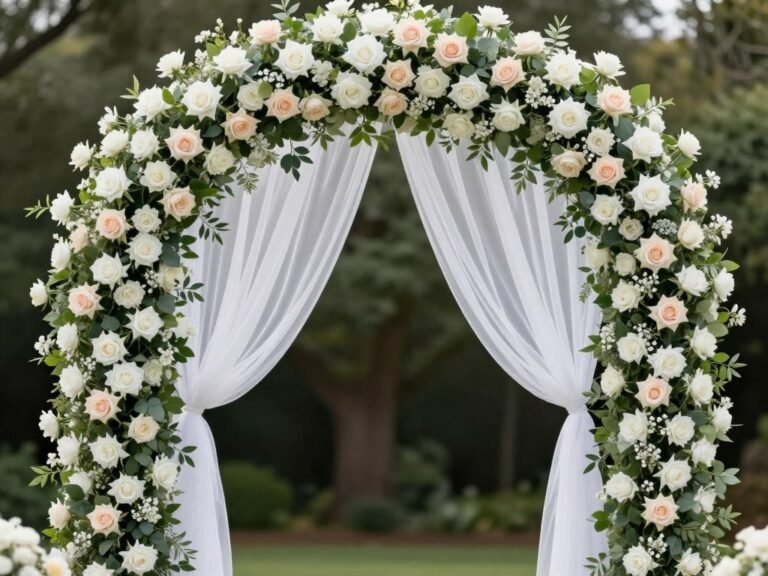 Lush floral wedding arch with white and blush roses, greenery, and sheer fabric draping