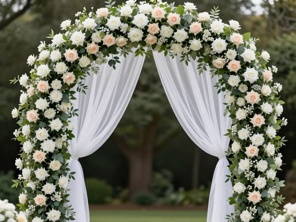 Lush floral wedding arch with white and blush roses, greenery, and sheer fabric draping