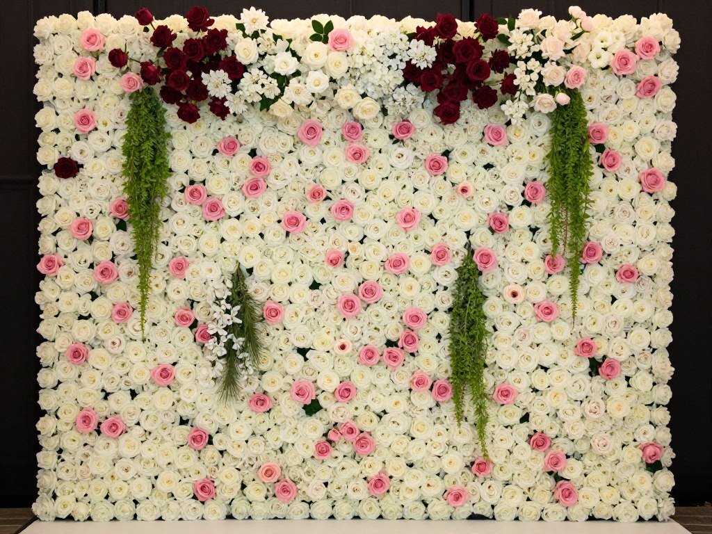 Lush flower wall backdrop with mixed blooms and greenery Lush flower wall backdrop with mixed blooms and greenery
