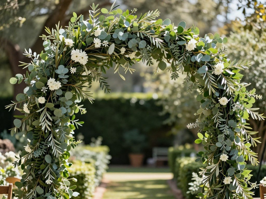 Lush greenery arch decoration wedding with eucalyptus and olive branches